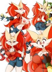 5_fingers absurd_res anthro anthro_on_anthro areola arm_grab armwear ass big_breasts bike_shorts blue_bottomwear blue_clothing blue_shorts blush bottomwear braixen bray_(lucyfercomic) breast_grab breast_squish breasts butt_grab cleavage clothing disembodied_hand duo eeveelution exposed_breasts female female_focus fingers fur glistening glistening_body glistening_clothing gloves hair hand_on_breast hand_on_butt handwear hi_res ineffective_clothing inner_ear_fluff kaito_(inarifox) leafeon long_hair looking_at_viewer looking_back lucyfercomic male male/female nintendo nipples open_mouth pink_areola pink_nipples pokéball pokemon pokemon_(species) presenting presenting_breasts red_clothing red_eyes red_nose sharp_teeth shorts spiral_eyes squish teeth tight_clothing torn_clothing tuft video_games white_body white_fur white_legs yellow_body yellow_fur zipper