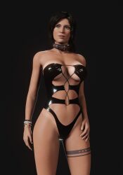 1girls 3d benjibonjo big_breasts breasts brown_eyes brown_hair busty collar female female_only hourglass_figure human lara_croft lara_croft_(survivor) latex long_hair standing tagme tanline tattoo tomb_raider wide_hips