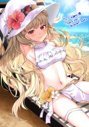 1girls alternate_costume armpits arms_behind_head ass_visible_through_thighs beach beach_chair bikini blonde_hair breasts commission eitri_(fire_emblem) female female female_only fire_emblem fire_emblem_heroes flower frilled_bikini frills hat highres long_hair looking_at_viewer navel nintendo ocean outdoors pelvic_curtain red_eyes sitting skeb_commission small_breasts solo swimsuit underboob wavy_hair white_bikini white_swimsuit yam_(yamap_mako)