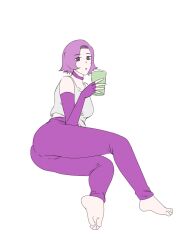 antagonista ass big_ass color drink drinking feet female female_only light-skinned_female light_skin looking_at_viewer pink_hair purple_eyes purple_hair purple_pants saikomic short_hair simple_background tania_(antagonista) vagina white_background white_shirt white_skin