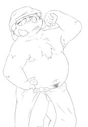 0ottotto0 2013 anthro balls belly genitals hi_res humanoid_hands kemono male male_only mammal moobs navel nipples overweight overweight_male simple_background suid suina sus_(pig) towel white_background wild_boar