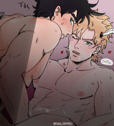 2boys battle_tendency blonde_hair caesar_zeppeli cum cum_on_pectorals gay green_eyes ham_zeppeli jojo's_bizarre_adventure joseph_joestar looking_at_viewer male male/male male_only one_eye_closed open_mouth saliva sweat wink yaoi