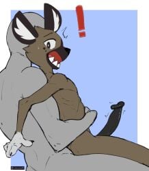 aggressive_retsuko anal anal_sex anthro big_penis caught cyancoyote duo exclamation_point furry gay genitals haida held_by_waist hi_res human human_on_anthro hyaenid interspecies looking_at_viewer looking_back looking_back_at_viewer male male/male male_only mammal open_mouth penetration penis questionable_consent sanrio sex sharp_teeth simple_background smooth_fur spotted_hyena suprised suprised_look teeth