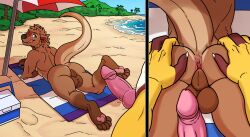 absurd_res anthro anus ass balls beach beach_towel brown_body brown_fur cooler duo feet fingers fur genitals hi_res licking licking_lips licking_own_lips lizard lutrine male male/male mammal mustelid pawpads paws penis perineum pink_penis purple_body purple_scales raised_tail reptile sand scales scalie sea seaside self_lick sharkiedude spencer_(spencer) spiral_(thespiralaim) spread_butt spreading tongue tongue_out towel umbrella water yellow_body yellow_scales