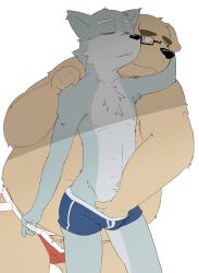 0ottotto0 2013 anthro black_nose brown_body canid canine canis closed_eyes clothing domestic_dog duo eyewear glasses hi_res humanoid_hands kemono male male/male mammal nipples overweight overweight_male underwear