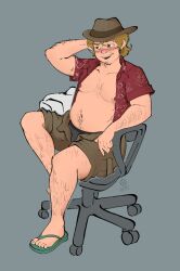 alto_clef blonde_hair chair clothes cuknite32 dr._clef feet foot hat hawaiian_shirt heterochromia human human_only humanoid male male_focus male_only partially_clothed rolling_chair scp scp_foundation shirt sitting sitting_on_chair unbuttoned unbuttoned_shirt