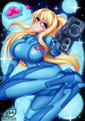 alternate_breast_size baby_(metroid) blonde_hair bodysuit breasts female firearm gun handgun human large_breasts looking_at_viewer metroid metroid_(creature) nintendo pale_skin samus_aran sevie solo_female tight_clothing weapon zero_suit_samus