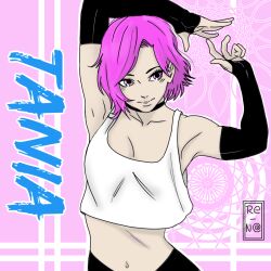 antagonista arms_behind_head arms_up black_pants character_name color female female_only light-skinned_female light_skin pink_background pink_eyes pink_hair saikomic small_breasts tania_(antagonista) white_shirt