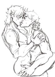 2boys battle_tendency caesar_zeppeli gay hand_around_neck hand_on_another's_shoulder jojo's_bizarre_adventure joseph_joestar kissing male male/male male_only muscular_male nude_male passionate shaw stand_and_carry_position standing_sex sweat uncolored yaoi