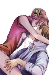 1boy 1girls ambiguous_penetration blush brown_hair bun_cover china_dress chinese_clothes female female_on_top gintama hair_ornament hand_on_thigh implied_sex kagura_(gintama) light_brown_hair looking_at_another male nikonikopun17 no_bra okita_sougo open_clothes orange_hair police_officer police_uniform profile shinsengumi_(gintama) sideboob sleeveless sleeves_rolled_up small_breasts straddling sweat uniform