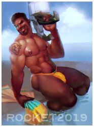 1boy 2019 abs art_of_rocket baptiste beefy black_hair blue-tinted_eyewear bulge facial_hair goatee gun male male_nipples male_only male_pubic_hair male_thong manly masculine muscles muscular muscular_male overwatch penis_outline poolside pubes scouter solo speedo tattoos thong tinted_eyewear visor