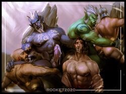 anal anal_sex art_of_rocket boner cum erect_penis erection gay gay_orgy gay_sex hard_on human_male light-skinned_male light_skin male male/male male_only muscles muscular muscular_male orc orc_male orcs orgy twitter_user_oc unnamed_character