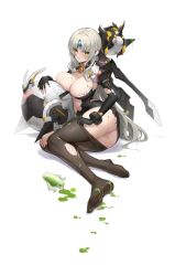 absurdres alternate_breast_size ass bangs black_dress black_gloves black_legwear blush bracelet breasts brooch character_request cleavage clothes_pull commentary_request dress elbow_gloves elsword eve_(elsword) feet female forehead_jewel gloves grey_hair heart heart-shaped_pupils highres jewelry large_breasts long_hair lying no_panties no_shoes on_side pantyhose pantyhose_pull parted_lips potion puffy_sleeves pussy pussy_juice pussy_juice_trail robot shenqi_xiao_hong_zai_nali short_dress sidelocks simple_background soles solo suggestive_fluid sweat symbol-shaped_pupils teeth toes torn_clothes torn_dress very_long_hair white_background yellow_eyes