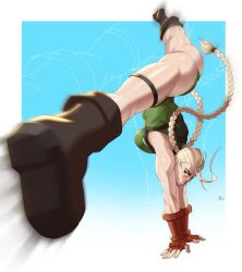 1girls big_ass big_breasts blonde_hair blue_eyes cammy_white looking_at_viewer military r62 r62_art round_ass spin_kick spread_legs street_fighter thick_ass thick_thighs twin_braids