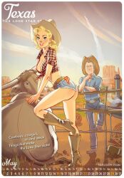 1boy 1girls andrew_tarusov blonde_hair border calendar_(medium) clothed cloud cowboy cowboy_boots cowboy_hat cowgirl daisy_dukes day desert english_text grey_hair hat jeans longhorn may may_(month) original original_character original_characters outdoors texas tumbleweed white_border