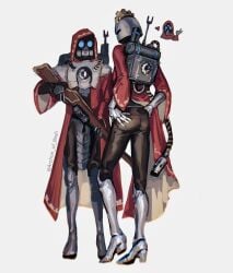 2022 2boys adeptus_mechanicus archon_of_flesh artist_signature ass backpack boots dat_ass glasses gun heart high_heels holding_gun imperium_of_man long_coat robot skitarii tagme techpriest warhammer_(franchise) warhammer_40k white_background