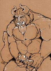 2019 anthro artist_logo balls beast_(disney) beauty_and_the_beast biped black_claws claws disney erection facial_hair fangs finger_claws fluffy fluffy_tail genitals glans goatee hi_res horn humanoid_genitalia humanoid_penis karhumies logo looking_pleasured male mammal masturbation monochrome monster muscular muscular_anthro muscular_male nude nude_anthro nude_male open_mouth pecs penile penile_masturbation penis sepia sharp_teeth sitting solo teeth vein veiny_penis