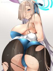 ass ass_focus asuna_(blue_archive) asuna_(bunny)_(blue_archive) asuna_(bunny_girl)_(blue_archive) black_pantyhose blonde_hair blue_archive blue_eyes blush bunny_ears bunny_girl bunnysuit cum cum_in_ass hair_over_one_eye large_ass large_breasts light_brown_hair long_hair looking_at_viewer looking_back pantyhose playboy_bunny rapa00pa torn_pantyhose white_gloves