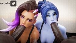 2boys 2girls 3d big_penis blender blowjob blue-skinned_female blue_hair bra_strap brown_hair currysfm dark-skinned_female dark-skinned_male dyed_hair ear_piercing fellatio female half_shaved_head interracial looking_at_viewer male overwatch overwatch_2 penis ponytail purple_eyes sombra straight widowmaker yellow_eyes