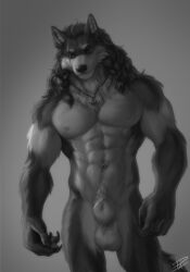 2022 5_fingers abs animal_genitalia anthro balls braided_fur canid canid_humanoid canine canine_humanoid canis claws einarr_(personalami) eye_scar facial_scar finger_claws fingers fully_sheathed fur genitals gigachad goes_hard greyscale hi_res humanoid_hands jewelry male male_only mammal meme monochrome muscular muscular_anthro muscular_male navel necklace necklace_only nipples nude pecs personalami scar sheath signature smile solo solo_male standing watermark were werecanid werewolf wolf