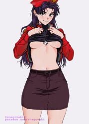 adult black_clothing black_dress black_skirt blush breasts clothing cross_necklace dress female female_only general hat huge_breasts jacket large_breasts mature_female milf military_hat military_jacket military_uniform misato_katsuragi necklace neon_genesis_evangelion purple_hair purple_text red_clothing red_jacket skirt snegovski undressing white_background