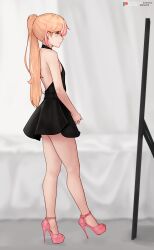 1boy black_dress blonde_hair bluefield femboy green_eyes heels high_heels looking_in_mirror pink_heels platform_heels ponytail solo stiletto_heels thighs very_high_heels