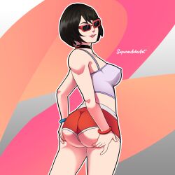 1girls 2020s 2022 ass_grab big_breasts black_hair breasts drawn evie_(fortnite) female female_only fortnite fortnite:_battle_royale glasses gym_shorts lipstick rear_view short_hair short_shorts shorts solo standing sunglasses superaxlart tagme tinted_eyewear tomboy two_tone_bottomwear two_tone_bottomwear_(redandwhite) visible_nipples