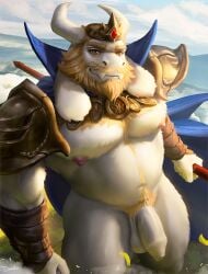 2022 anthro armor asgore_dreemurr balls bara barazoku beard belly big_muscles body_hair boss_monster bovid bracers cape caprine chest_hair crown detailed_background drawller eyebrows facial_hair flaccid fur genitals goat grass happy_trail hi_res holding_object holding_pitchfork holding_tool horns huge_muscles humanoid_genitalia humanoid_penis looking_at_viewer male male_only mammal melee_weapon musclegut muscular muscular_anthro muscular_male navel nipples nude outside pauldron pecs penis pitchfork plant pubes solo solo_male standing tools tuft unconvincing_armor undertale undertale_(series) video_games weapon