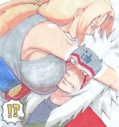 1boy 1girls accidental_circumstance assertive assertive_female big_breasts blonde_hair blush breast_on_head breasts couple duo falling female forehead_protector huge_breasts jiraiya large_breasts lying lying_on_back lying_on_person male naruto naruto_(classic) naruto_(series) naruto_shippuden nervous surprised sweat sweatdrop tripping tsunade twintails white_hair