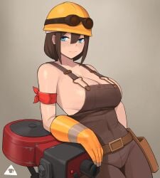 1girls blue_eyes brown_hair donburikazoku engineer engineer_(team_fortress_2) female female_only femengineer gloves goggles helmet naked_overalls overalls rule_63 sentry sentry_(team_fortress_2) sideboob solo team_fortress_2