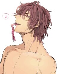 bedroom_eyes brown_hair condom_in_mouth condom_packet_strip gantz kazuo_kuwabara looking_at_viewer male male_only nude smile solo spoken_heart tatsuya_c topless topless_male upper_body