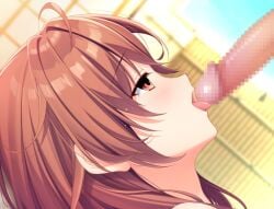 ahoge alpha_(yukai_na_nakamatachi) ayase_aisa bangs blurry blurry_background brown_eyes brown_hair censored fellatio female from_side game_cg hair_between_eyes half-closed_eyes licking licking_penis long_hair mosaic_censoring open_mouth oral penis portrait profile shiny shiny_hair sousaku_kanojo_no_renai_koushiki straight straight_hair tongue tongue_out