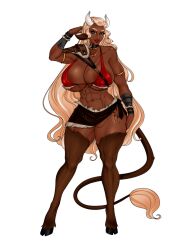 1girls abs artwithmoira blonde_hair brienne_(coc2) corruption_of_champions_ii cow_girl dark-skinned_female dark_skin hooves horns huge_breasts lipstick tail