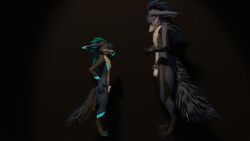 accident after_transformation animal_genitalia animal_penis anthro biege_fur bioluminescence black_background blender_(software) blender_cycles blue_body blue_fur canine_penis disappointed duo finger_poking fluffy fluffy_tail fully_sheathed fur genitals glowing hi_res kaminofox male male/male penis rexouium sheath simple_background size_difference transformation uranousraptor