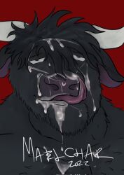 after_sex anthro black_body black_fur bodily_fluids bovid bovine close-up cum cum_on_face european_mythology fur genital_fluids greek_mythology hair licking_cum maelchar male mammal messy_hair minotaur minotaur_hotel muscular muscular_male mythology solo storm_(minotaur_hotel) tongue tongue_out