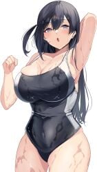 1girls armpits big_hips black_hair breasts busty female female_only grey_eyes hand_on_head hips huge_breasts intermammary_cleft looking_at_viewer love_live! love_live!_nijigasaki_high_school_idol_club mostly_clothed one-piece_swimsuit school_swimsuit simple_background solo swimsuit tagme thick_thighs thighs tight_clothing wet wet_body wet_clothes wet_skin white_background yamasonson yuuki_setsuna_(love_live!)