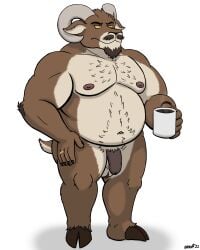 anthro balls beard black_penis body_hair bovid caprine facial_hair flaccid foreskin genitals hand_on_hip hi_res holding_coffee_mug male mammal manuel_(nanoff) moustache musclegut nanoff penis slightly_chubby solo