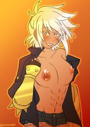 abs big_breasts blazblue blush blush breasts bullet_(blazblue) exposed_breasts female female_focus female_only looking_at_viewer marinesunspice muscular_female nipples scar thick_thighs tomboy white_hair yellow_eyes