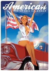 1girls american_flag andrew_tarusov brown_hair car clothed female original original_character white_clothing