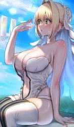 1girls 2022 ahoge blonde_hair blush breasts cleavage fanning_self fate/extra fate/grand_order fate_(series) female female_only green_eyes hi_res hips huge_breasts nero_claudius_(bride) nero_claudius_(fate) outdoors skindentation slim_waist thick_thighs thigh_boots thighs tied_hair veil wedding_veil wide_hips yayoi_maka