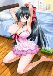 1girls areolae armpits arms_above_head bangs bare_arms bare_breasts bare_legs bare_shoulders bare_thighs barefoot bed bedroom bedsheets big_breasts black_hair blush bowtie breasts breasts_out busty chichiiro_toiki cleavage collarbone detailed_background dress embarrassed erect_nipples facing_viewer female female_focus female_only hazel_eyes hourglass_figure inner_sideboob inner_thighs kawasumi_sayaka large_breasts long_hair looking_at_viewer massive_breasts on_knees pillow ponytail ribbon ribbon_in_hair shiny_breasts shiny_hair shiny_skin sideboob sole_female solo solo_female solo_focus sweat sweatdrop sweating sweaty sweaty_body sweaty_breasts tight_clothing tight_dress tight_fit tight_pants tsundere voluptuous