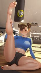 2020s 2022 brown_eyes brown_hair chun-li feet feet_up foot_up gym_clothes gym_shorts legs midriff one_leg_up red_nails red_toenails shorts soles street_fighter sweat sweatdrop toes w.q.y