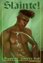 1boy african african_male art_of_rocket boner cum cumming cumshot erect_penis erection hard_on holidays jerking jerking_off jerkingoff male male_only masturbation melanin muscles muscular muscular_male solo st._patrick's_day tattoo uncut unnamed_character