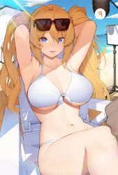 1girls bangs beach big_breasts bikini blonde_hair blue_eyes cleavage migu_(iws2525) original sunglasses sunglasses_on_head swimwear twintails