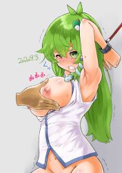 1boy ahoge armpits arms_behind_head arms_up blush bondage bouncing_breasts bound bound_arms breasts clenched_teeth collared_shirt convenient_censoring dated detached_sleeves drooling eyebrows_visible_through_hair female frog_hair_ornament green_eyes green_hair groping hair_ornament highres japanese_clothes kei_jiei large_breasts long_hair looking_at_viewer miko navel nipples nontraditional_miko one_eye_closed out-of-frame_censoring sanae_kochiya shirt skirt snake_hair_ornament tearing_up teeth thighs touhou white_shirt