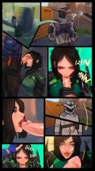 blowjob comic comic_page cum cum_on_face cypher_(valorant) fellatio kyr6i1 light-skinned_female light_skin oral oral_sex spying stealth_sex valorant viper_(valorant) yoru_(valorant)