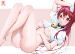 animal_ears ass bare_legs barefoot bell breasts cat_ears collar crop_top female kono_(xerondan321) large_breasts long_hair neck_bell open_mouth original panties red_eyes red_hair shirt short_sleeves simple_background underwear white_background