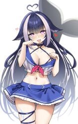 1girls ahoge animal_tail bangs black_hair blush cleavage garter_straps heart-shaped_pupils indie_virtual_youtuber long_hair miniskirt open_shirt purple_eyes see-through shylily simple_background skirt sky_(freedom) solo standing thick_thighs thighhighs thighs tongue_out virtual_youtuber white_background