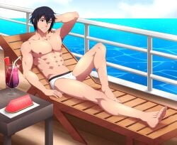 1boy abs adonis_belt areolae arm_behind_head athletic_male black_hair catnappe143 deck_chair drink feet human human_only kazehaya_kamito male male_only muscular_male nipples ocean outdoors outside pecs penis_bulge railing relaxing seirei_tsukai_no_blade_dance shiny_skin sky smile solo speedo sweat swimwear table tagme water watermelon watermelon_slice