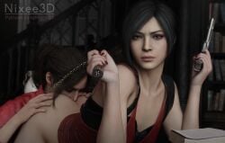 2girls 3d ada_wong ada_wong_(adriana) anilingus asian asian_female ass ass_eating ass_grab ass_sniffing ass_up brown_hair butt_cheeks butt_crack claire_redfield collar dress female female_only femdom firearm green_eyes handgun human interracial interracial_yuri makeup nails nixee3d painted_nails pale_skin partially_clothed ponytail red_dress red_nails resident_evil resident_evil_2 resident_evil_2_remake rimjob rimming short_hair weapon yuri